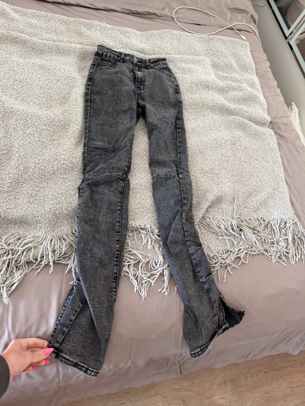 SHEIN Black Washed Flare Jeans with Front Slits